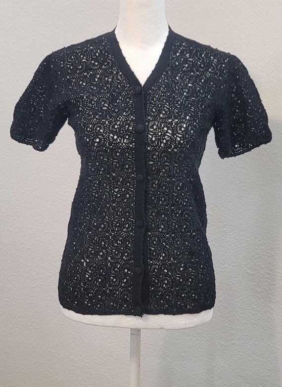 Top Court Crocheté Main Femme Manches Courtes Noir - Neuf Sans étiquettes, Taille Unique, Style Bohème