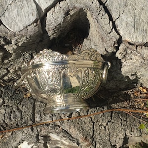 May include: A silver bowl with intricate embossed designs and two handles. The bowl is sitting on a rough, textured surface.