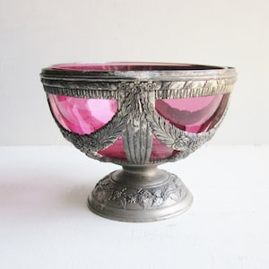 Silver Plated Pedestal Stand with Cranberry Glass Insert Made in Japan, Vintage Ornate Metal Finger Bowl with Stand