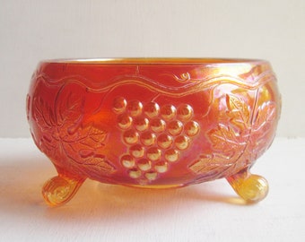 Fenton Marigold Carnival Glass Fernery Bowl, Grape Leaf & Cable Footed Bowl, Orange Carnival Glass Planter or Trinket Bowl