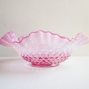 Fenton Cranberry Opalescent Hobnail Bowl, Vintage Ruffled Cranberry Glass Brides Basket