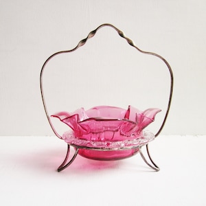 Antique Cranberry Glass Bowl with EPNS Silver Plated Stand or Basket Holder, Cranberry Glass Sugar Bowl or Candy Dish,