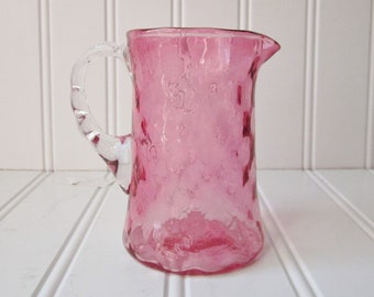 Vintage Fenton Cranberry Diamond Optic Small Pitcher or Creamer with Crystal Handle, Vintage Cranberry Glass Pitcher, Ruby Red Glassware