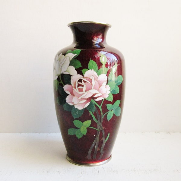 Vintage Japanese Cloisonne Vase, Red Cloisonne Vase with Pink Roses