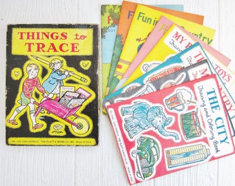 Vintage Children's Activity Books, 1944 Things To Trace, Connect the Dot and Coloring Workbooks by Platt & Munk Co, Nursery Decor