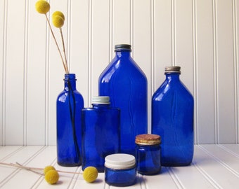 Cobalt Blue Glass Bottles Jars or Vases, Rustic, Vintage Home or Wedding Decor, Old Bottles with Caps, Instant collection Lot of 6