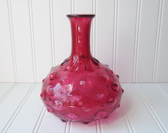 Vintage Cranberry Glass Vase, Hobnail Style Bud Vase