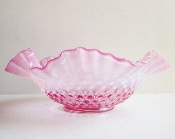 Fenton Cranberry Opalescent Hobnail Bowl, Vintage Ruffled Cranberry Glass Brides Basket