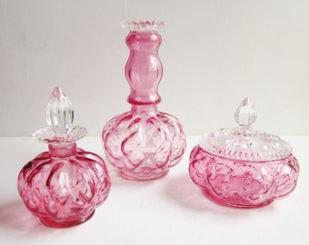 Vintage Fenton Cranberry Glass Vanity Set, Powder Jar & Perfume Bottles, Diamond Optic Dresser Set, Fenton Melon Pattern, Mismatched