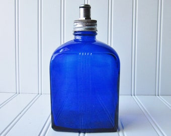 Vintage Cobalt Blue Glass Bottle with Metal Cap by Maryland Glass, Square Apothecary Bottle, Art Deco Blue Bottle