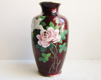 Vintage Japanese Cloisonne Vase, Red Cloisonne Vase with Pink Roses