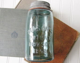 Antique Aqua Blue Mason Jar: 1858 Patent, Zinc Lid, Quart Size