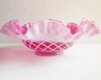 Fenton Cranberry Opalescent Diamond Optic Ruffled Bowl, Diamond Lattice Brides Bowl