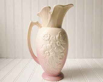 Vintage Hull Pottery Mardi Gras Granada 66-10 Pink Floral Pitcher or Ewer Vase