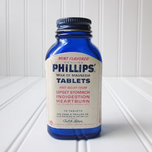 Vintage Cobalt Blue Bottle, Phillips Milk of Magnesia Glass Bottle with Original Label and Cap, Medicinal Apothecary Bottle