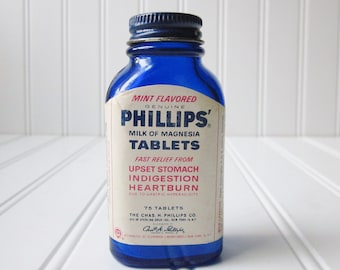 Vintage Cobalt Blue Bottle, Phillips Milk of Magnesia Glass Bottle with Original Label and Cap, Medicinal Apothecary Bottle