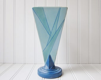 Roseville Pottery Futura Vase 388-9, 1928 Blue Triangle Art Deco Pottery Vase