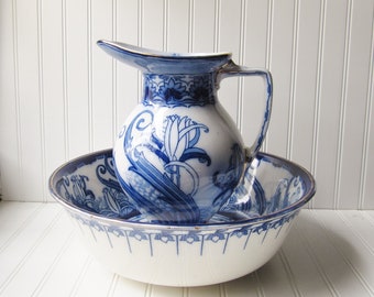 Antique Royal Doulton Flow Blue Pitcher and Bowl: Lily Pattern
