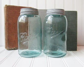 Antique Aqua Blue Ball Mason Jars with Zinc Lids (Lot of 2)