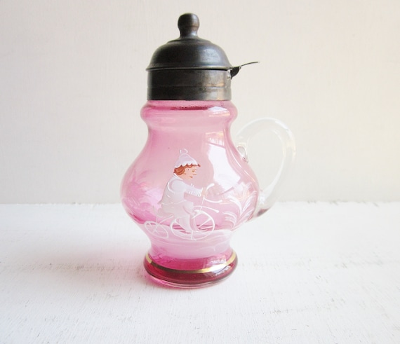 Mary Gregory Cranberry Glass Syrup Dispenser Jar with Metal Lid, Boy on the High Wheeler
