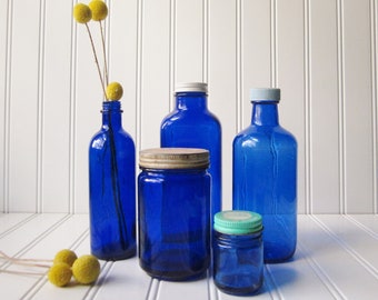 Vintage Cobalt Blue Glass Bottles with Caps, Vintage Vicks, Milk of Magnesia Bottles, Apothecary Bottles or Jars, Lot of 5