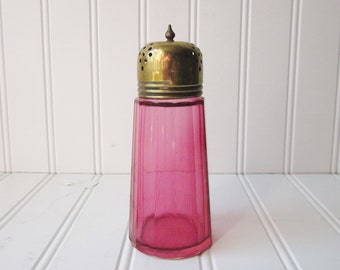 Antique Cranberry Glass Shaker, Sugar Shaker or Muffineer with Brass Lid