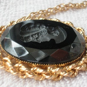 Vintage 1971 Black Glass Intaglio Cameo Pendant. Faceted, Deeply Carved
