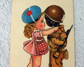 WW 2 Französische Postkarte Patriotischer Armeesoldat, Künstler signiert, Kiss Me Quickly