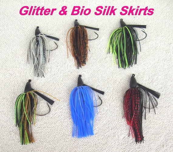 6 Hand Tied 3/8 Oz Bass Jigs, Glitter Bio Silk Skirts, Good Quality Lot R 