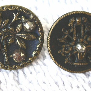 2 Antique Brass Floral Buttons Cut Steel Accents T W & W Paris Lot # 286