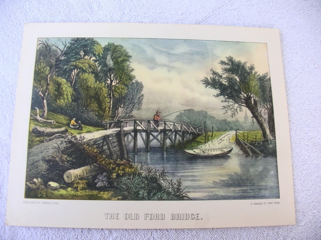 1870 Currier & Ives Lithograph Print, the Old Ford Bridge. 15 Nassau St
