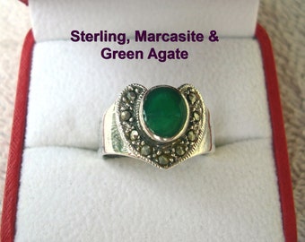 Sterling, Green Agate & Marcasite Ring size 6 3/4" New Old Stock Lot # S