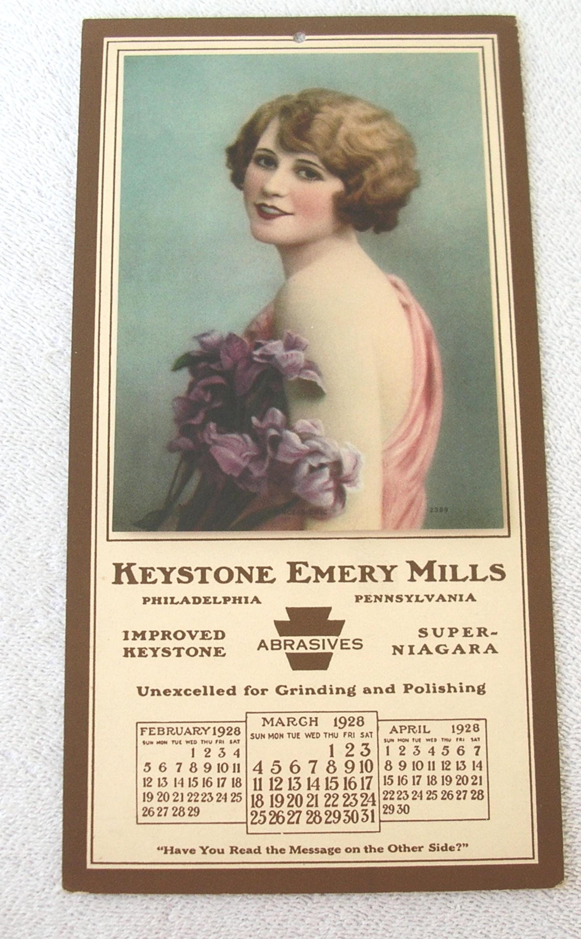1928 Keystone Emery Mills Advertising Calendar, Feb, March, April