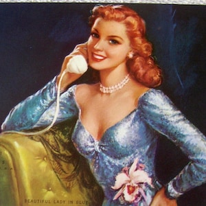 1940&#39;s Schöne Kalender Kunst Lithographie, Schöne Dame in Blau, Rothaarig, Scheer Verlag