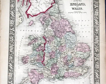 Original 1860 S Augustus Mitchell Carte de l&#39;Angleterre et du Pays de Galles 12,5 X 15,25