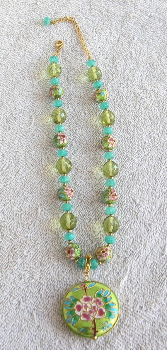 Chinoiserie Cloisonne & Glass Beaded Necklace w/R… - image 2