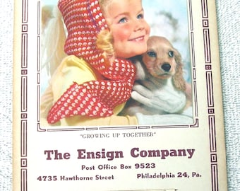 1960 The Ensign Company, Advertising Calendar, girl & Dog, NEW OLD STOCK