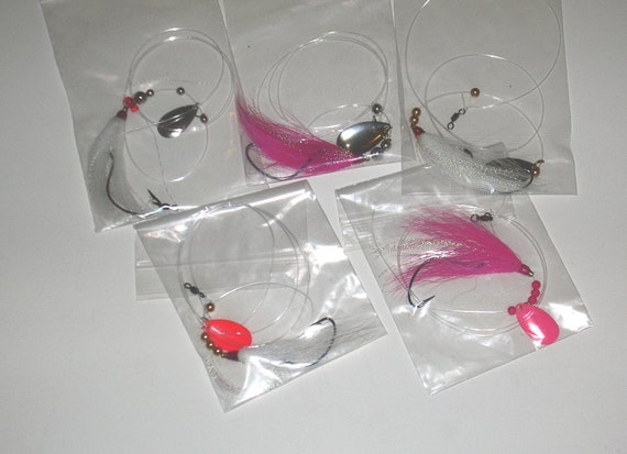 5 Hand Tied Fishing Rigs, Steel Blades, Fluke or Flounder Lot X 