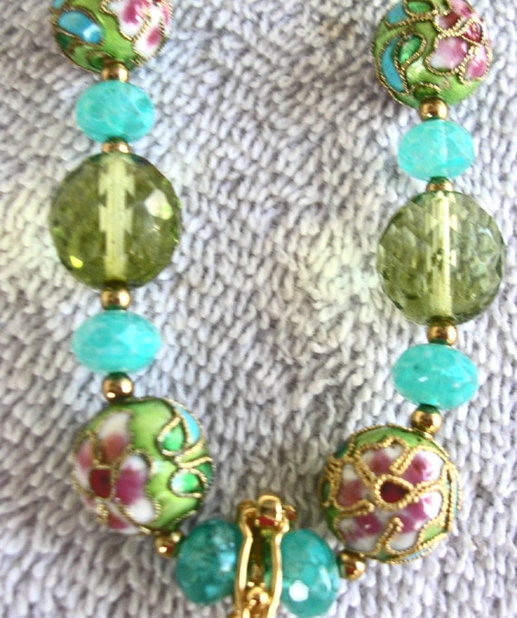 Chinoiserie Cloisonne & Glass Beaded Necklace w/R… - image 7