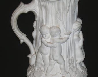 1845 Minton Staffordshire Parian Drabware 9&quot; Pitcher, Cherubs