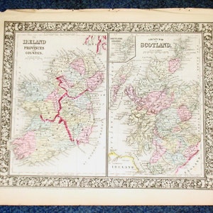 Original 1860 Mitchell Carte de l'Ecosse et de l'Irlande dans les provinces 12,5 X 15,25
