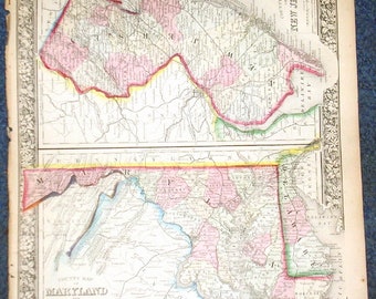 Mitchell original 1865 Carte du New Jersey, Maryland, Delaware 12,5 x 15,25