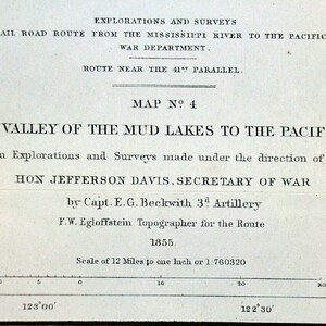Zeldzame 1855 Jeff Davis kaart van de vallei van de modder meren, naar de Stille Oceaan, RR routes, kaart #4