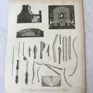 1825 Copperplate Engraving ,Tombs Surgical Instruments At Pompeii by J. Pass