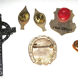 6 Vintage Irish Celtic Lapel Pins +Cross Harp, Lily Pin,+ Desert Storm Pin