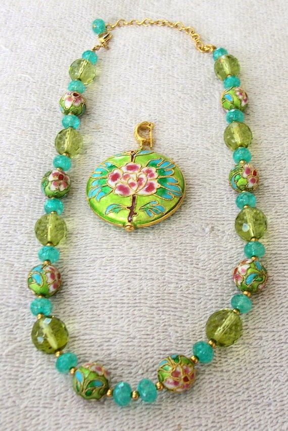 Chinoiserie Cloisonne & Glass Beaded Necklace w/R… - image 1