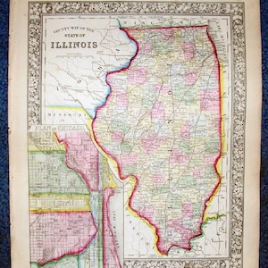 Original 1860 Mitchell Mapa de ILLINOIS & Plan DE CHICAGO Insertar
