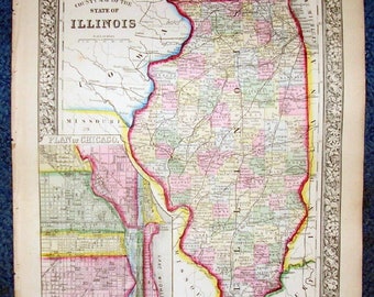 Original 1860 Mitchell Map Of ILLINOIS & Plan OF CHICAGO Insert