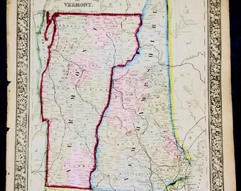 Carte du New Hampshire et du Vermont 12,5 X 15,25 S Augustus Mitchell Original 1862