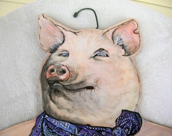 Vintage Wooden Clothes Hanger by Annie Rhinehart. Illustrated Pig